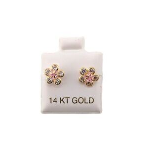 14K Gold Flower Stud Earrings Pink and White Cubic Zirconia Jewelry**